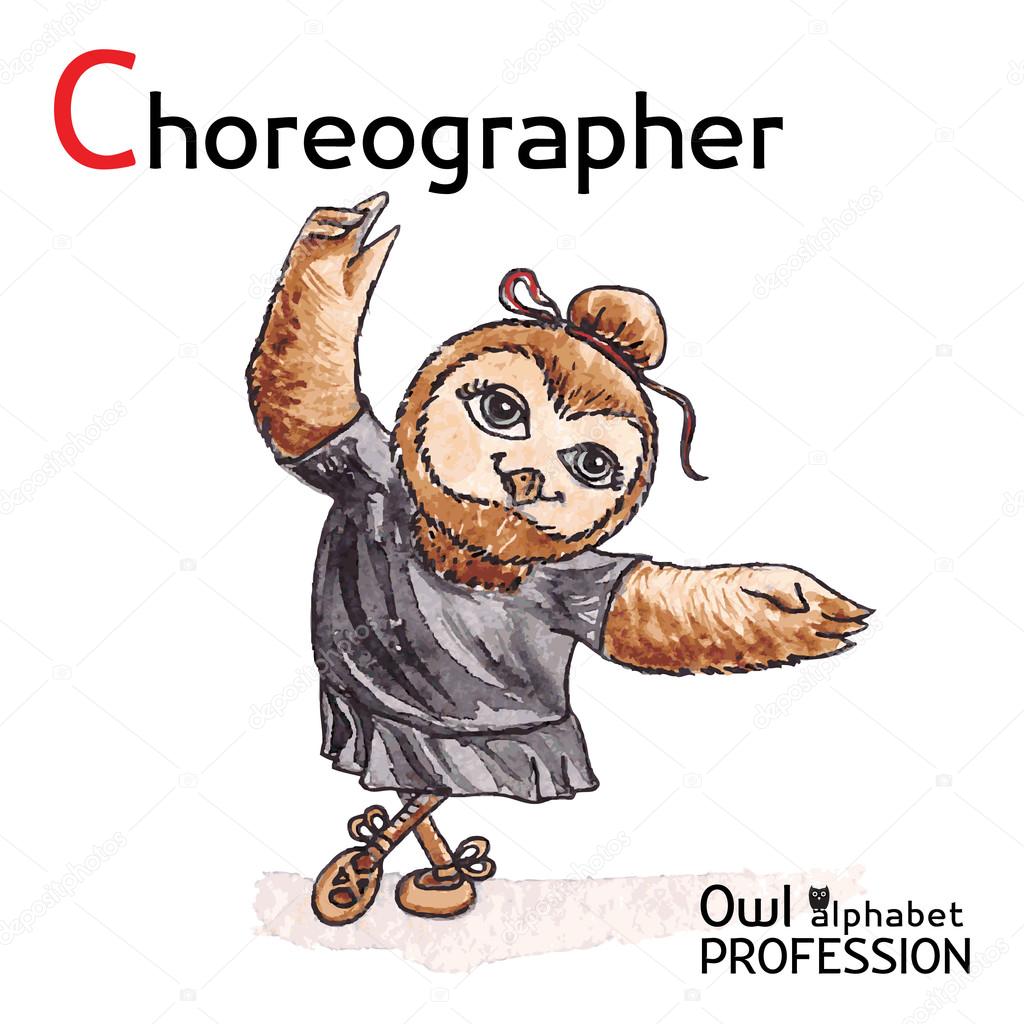 Alphabet professions Owl Letter C - Choreographer Vector Watercolor.