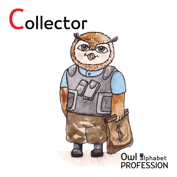 Алфавитные профессии Owl Letter C - Collector Vector Watercolor . — стоковый вектор