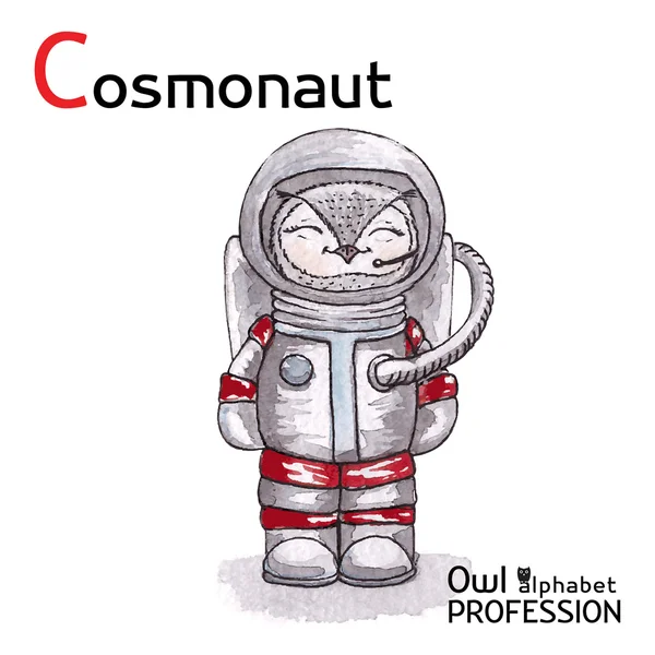 Alphabet professions Owl Letter C - Cosmonaut Vector Watercolor. — Stock Vector