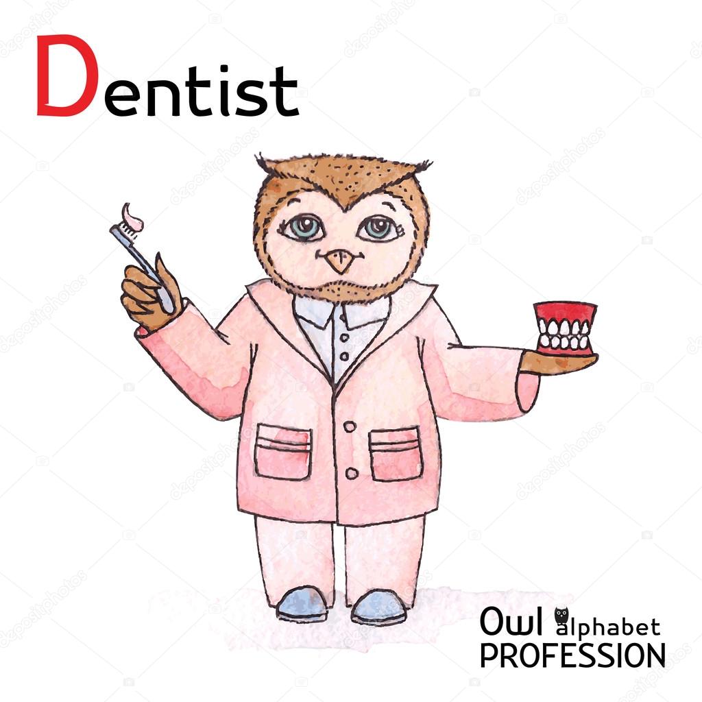 Alphabet professions Owl Letter D - Dentist Vector Watercolor.