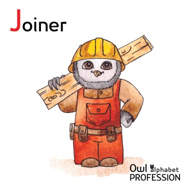 Alfabe meslekler baykuş harf J - Joiner vektör suluboya.