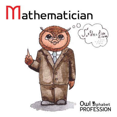 Alfabe meslekler baykuş mektup M - matematikçi vektör suluboya.