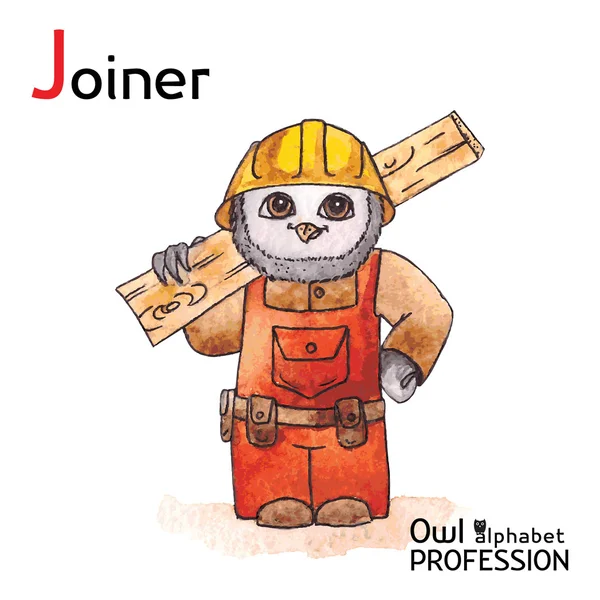 Alphabet professions Owl Letter J - Joiner Vector Watercolor. — Stock Vector