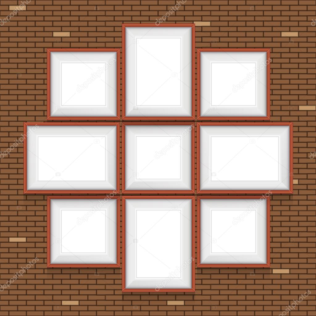 Collage of picture frames on the brick wall. Vector set.