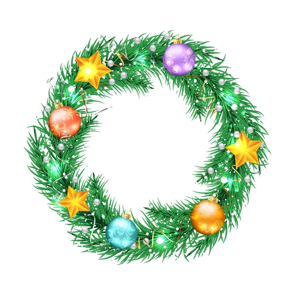 Green christmas tree wreath with Christmas decorations. — Stock Vector