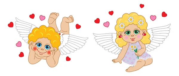 Niño y niña ángel Cupido. Personajes vectores Día de San Valentín . — Vector de stock