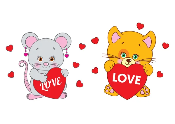 Ratón y gato sosteniendo un corazón Vector personajes Día de San Valentín . — Vector de stock