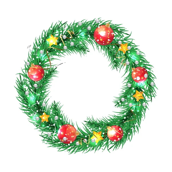 Green christmas tree wreath with Christmas decorations. — Stock Vector