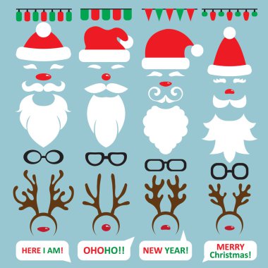 Noel Photo Booth ve scrapbooking vektör Santa, Ren geyiği ayarla.
