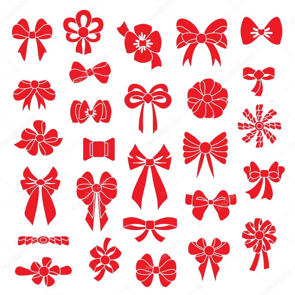 Set vector bows of different shapes red color.