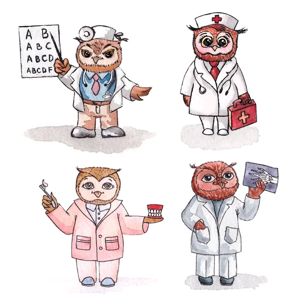 Owls - employees of medicine. Vector watercolor. Set. — Stock Photo, Image