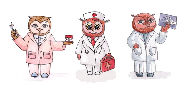 Owls - employees of medicine. Vector watercolor. Set. — Stock Vector