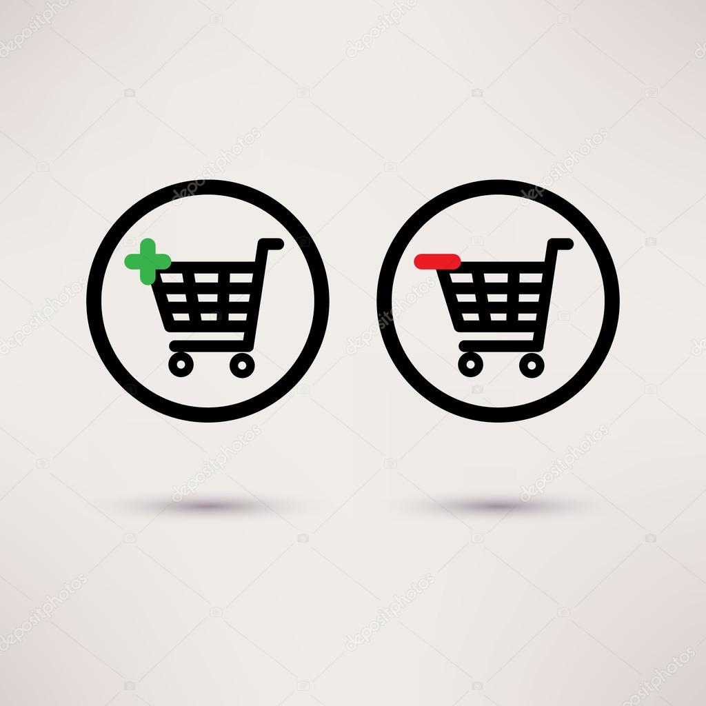 Shopping cart icons. Plus and minus signs. Vector set.