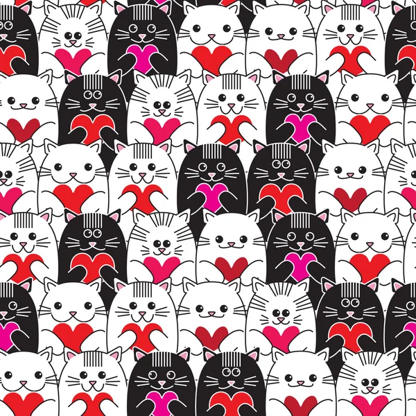 Gatos con corazones en las manos patrón de vectores sin costuras — Vector de stock
