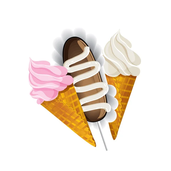 Helado de gofre cono y patatas de pastel . — Vector de stock