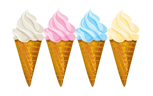 Cône de gaufre à la crème glacée, quatre couleurs différentes — Image vectorielle