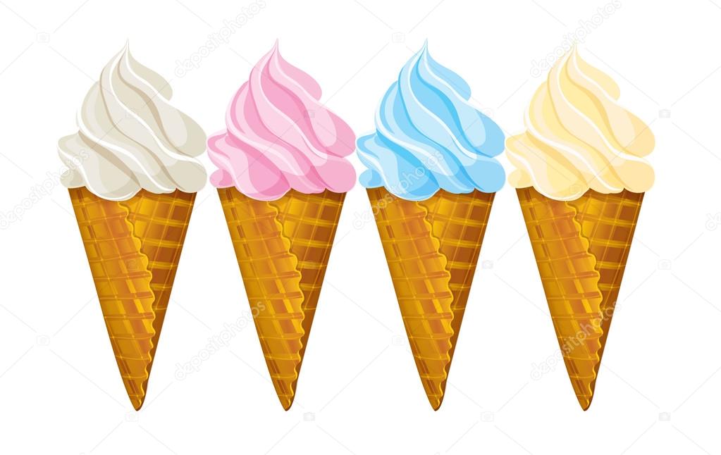 Ice cream waffle cone, four different colors