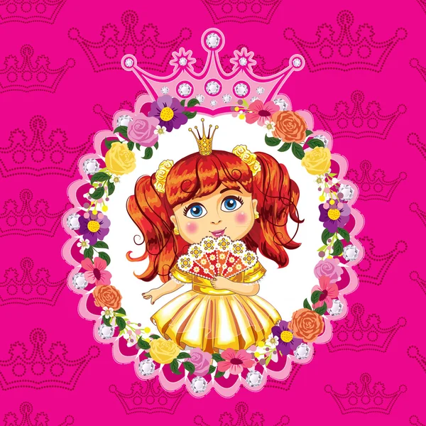Little princess, red hair on a pink background — Stock Vector