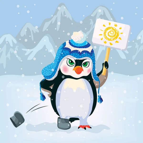 Pingüino infeliz sosteniendo un cartel . — Vector de stock