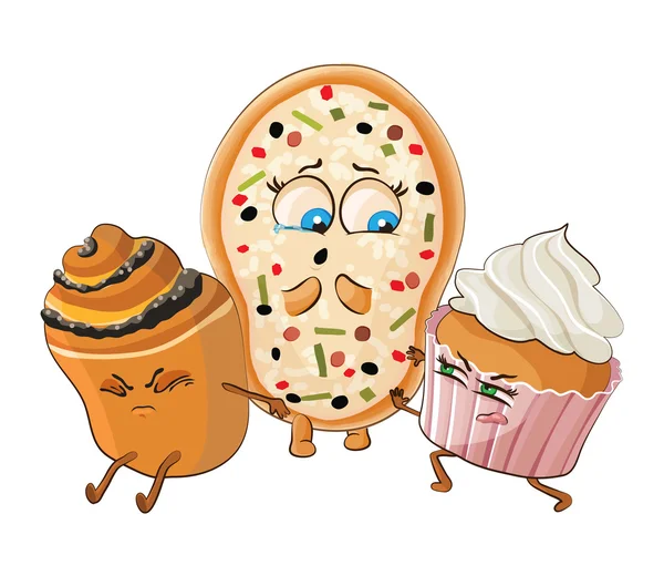 Muffin and Cake offend pizza. — Stock Vector