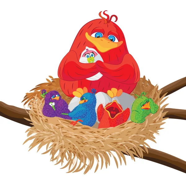 Vogel met kuikens in nest. — Stockvector