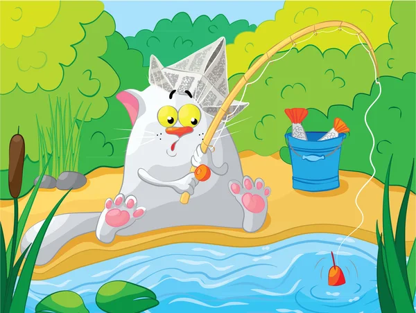 Cat fishing on the river. — Stock Vector