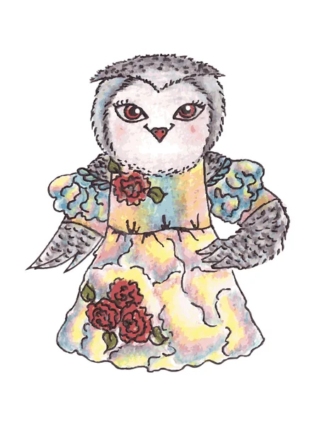 Cute owl in  dress. — Stock Vector