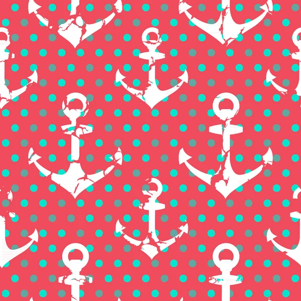 Coral background polka dots pattern with anchors. — Stock Vector