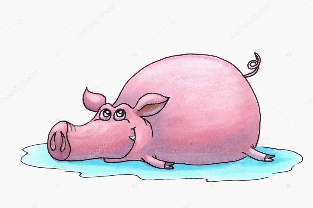 Lovely pig lies in a puddle. Raster illustration.