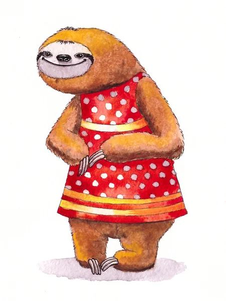 Strano bradipo con un vestito. Illustrazione ad acquerello . — Foto Stock