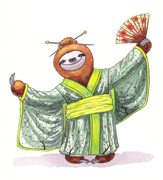 Preguiça engraçada num quimono. Ilustração aquarela . — Fotografia de Stock