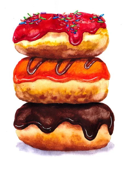 三丰富多彩的甜甜圈。插图水彩. — 图库照片