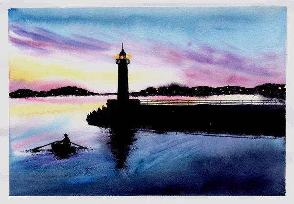 Farol ao pôr-do-sol. Ilustração aquarela . — Fotografia de Stock