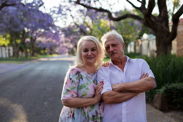 Elderly couple, people on street with blooming Jacaranda trees in Pretoria. Senior man and woman. International Day of Older Persons.