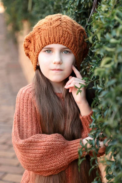 身穿棕色贝雷帽和长发毛衣的漂亮小女孩站在绿树成荫的墙边 看着摄像机 秋天的心情孩子的乐趣 小法国人 模特儿南非的冬天 — 图库照片