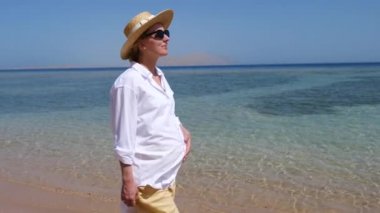Sea Beach 'te yürüyen hamile bir kadın. Bebek Beklentisi Konsepti.