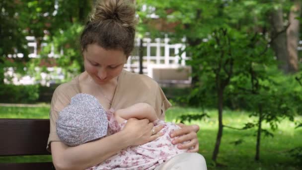 Jonge moeder borstvoeding haar baby in het park. — Stockvideo