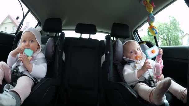Kaukaskie bliźniaczki dziewczynki w fotelikach samochodowych i bawić się zabawkami. — Wideo stockowe