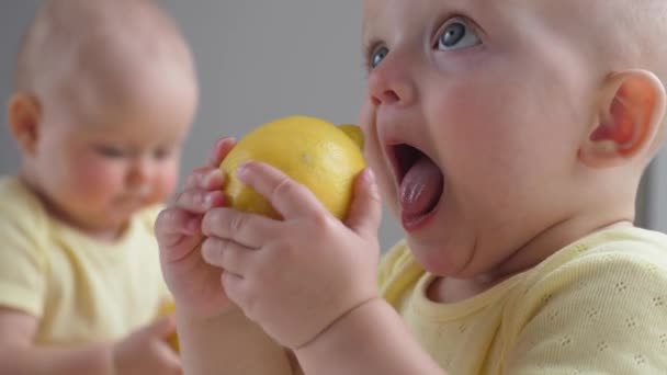 Roztomilé vtipné dvojče holčičky hrát s citróny. — Stock video