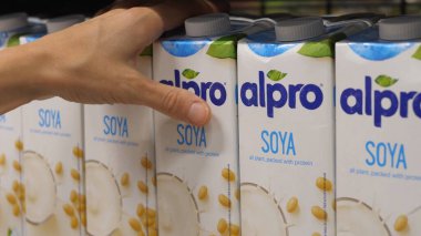 Dükkandaki raftan bir paket alpro soya sütü seçerken yakından bakın. Bali-Ocak-2021