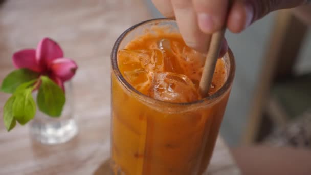 Sluiten van papier stro roeren vers wortelsap met ijs — Stockvideo