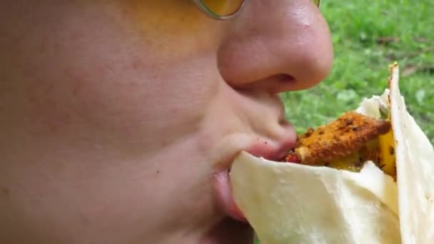 Primo piano di bocca affamata mangiare involucro vegan al parco — Video Stock