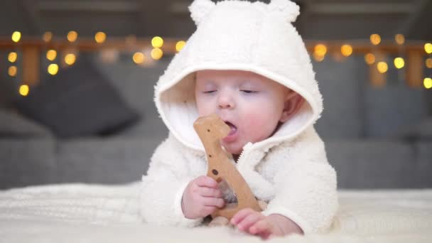 Baby Playing With Educational Wooden Eco Toy — Stock video