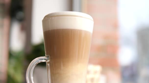 Coffee Latte With Almond Milk In Glass Cup With Thick Foam. — Stock Video