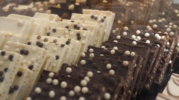 Selectie van ambachtelijke gastronomische chocoladerepen tentoongesteld in snoepwinkel — Stockvideo