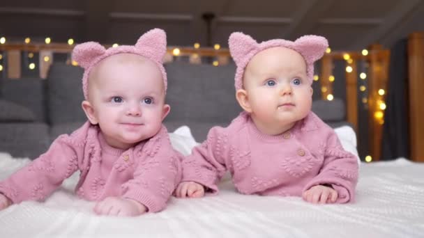 Lindos gemelos bebé acostados juntos en suéteres de punto rosa. — Vídeos de Stock