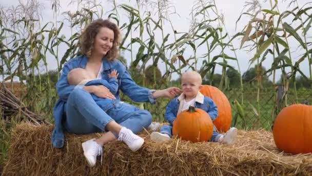 Jonge moeder die haar ene baby borstvoeding geeft, een andere zit naast hen op een hooibaal in de pompoen patch. Gelukkig kind van een tweeling — Stockvideo