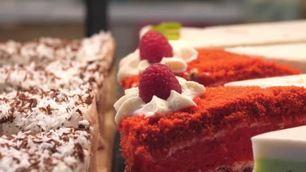 Sortierte Kuchen auf dem Display in Bäckerei Shop. Süßes veganes Dessert. — Stockvideo