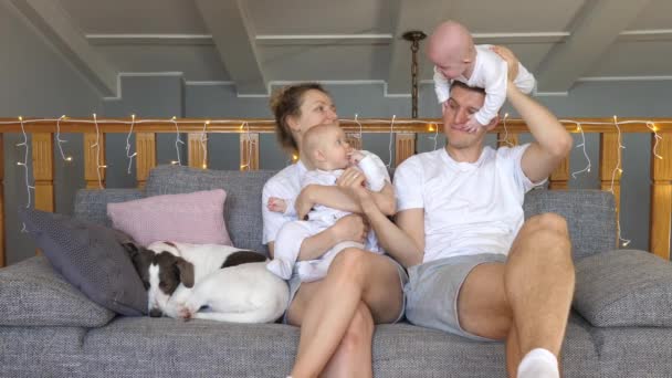 Young Happy Family Resting At Home With Twin Babies And Dog. — Stock Video