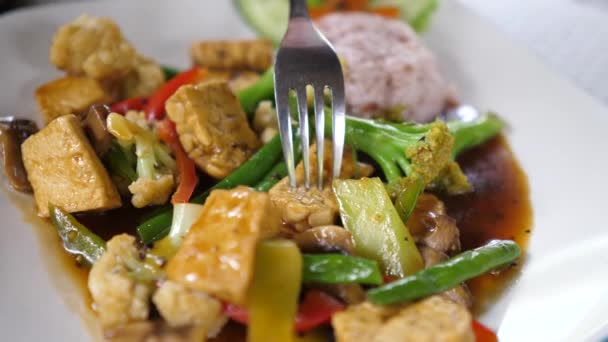 Веганская азиатская еда. крупным планом тушеного тофу с большим количеством овощей и риса на стороне — стоковое видео